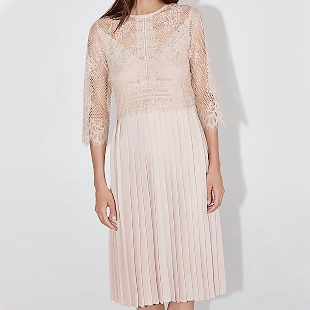 ZARA Dress Lace Top Pleated Blush Midi Dress • BLOGGER FAVORITE • TIKTOK • NEW • - Picture 6 of 16